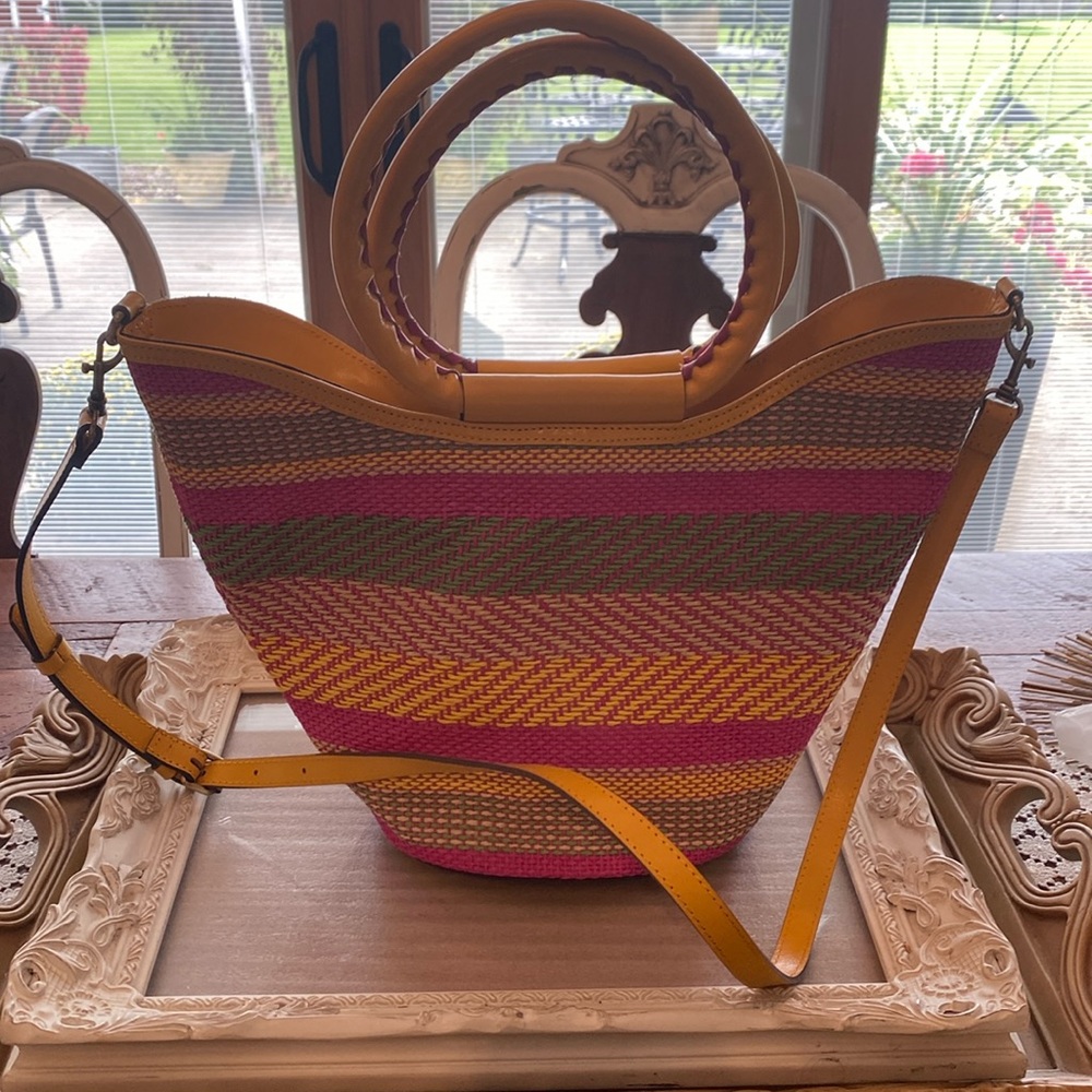 Woven Multicolor Straw Tote with Yellow Trim Leather! Excellent Condition!